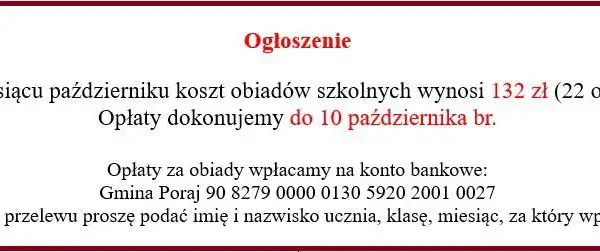Opłaty za obiady szkolne w Poraju – październik 2026