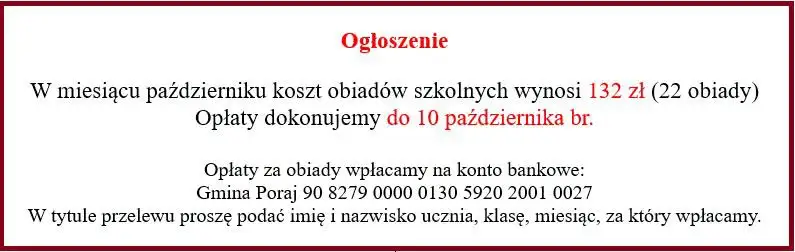 Opłaty za obiady szkolne w Poraju – październik 2026