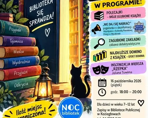 Nocna zabawa w bibliotece w Koziegłowach – domino z książek i detektywistyczne wyzwania