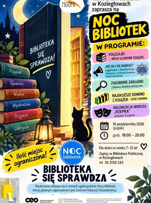 Nocna zabawa w bibliotece w Koziegłowach – domino z książek i detektywistyczne wyzwania