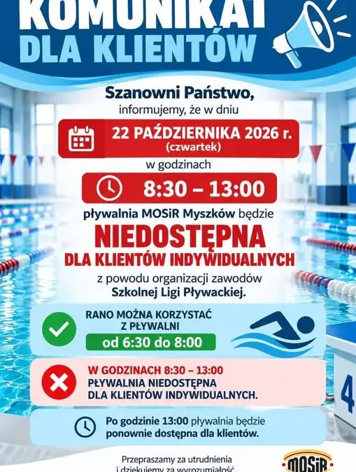 Pływalnia MOSiR Myszków: ograniczenia w czwartek 22 października