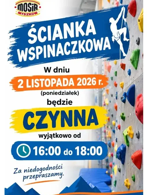 Myszków: zmiana godzin otwarcia ścianki wspinaczkowej 2 listopada